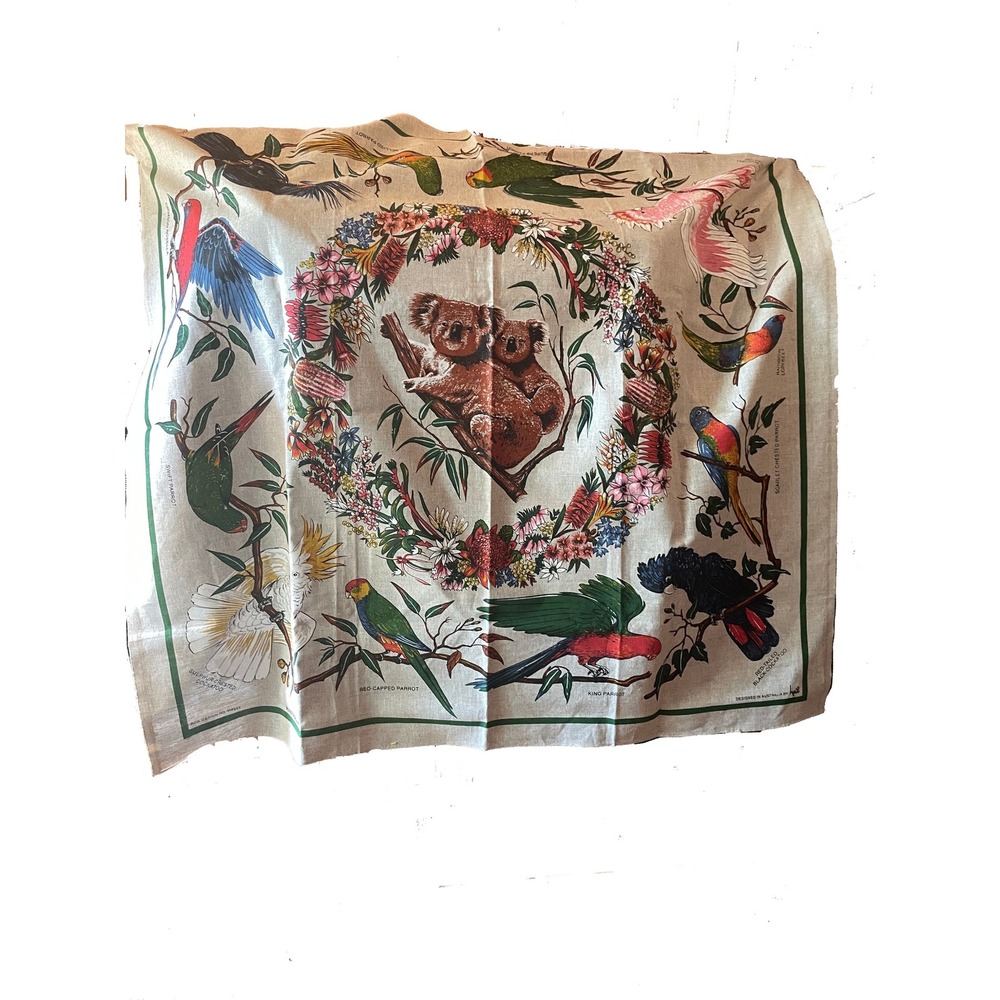 VTG Heil Australia 100% Linen Tapestry Koala & Native Bird Art 50x52 MCM Boho